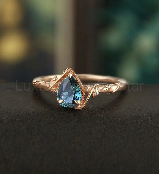 Pear Shaped Teal Sapphire Engagement Ring Solid Gold Moissanite Promise Ring Anniversary - image 2