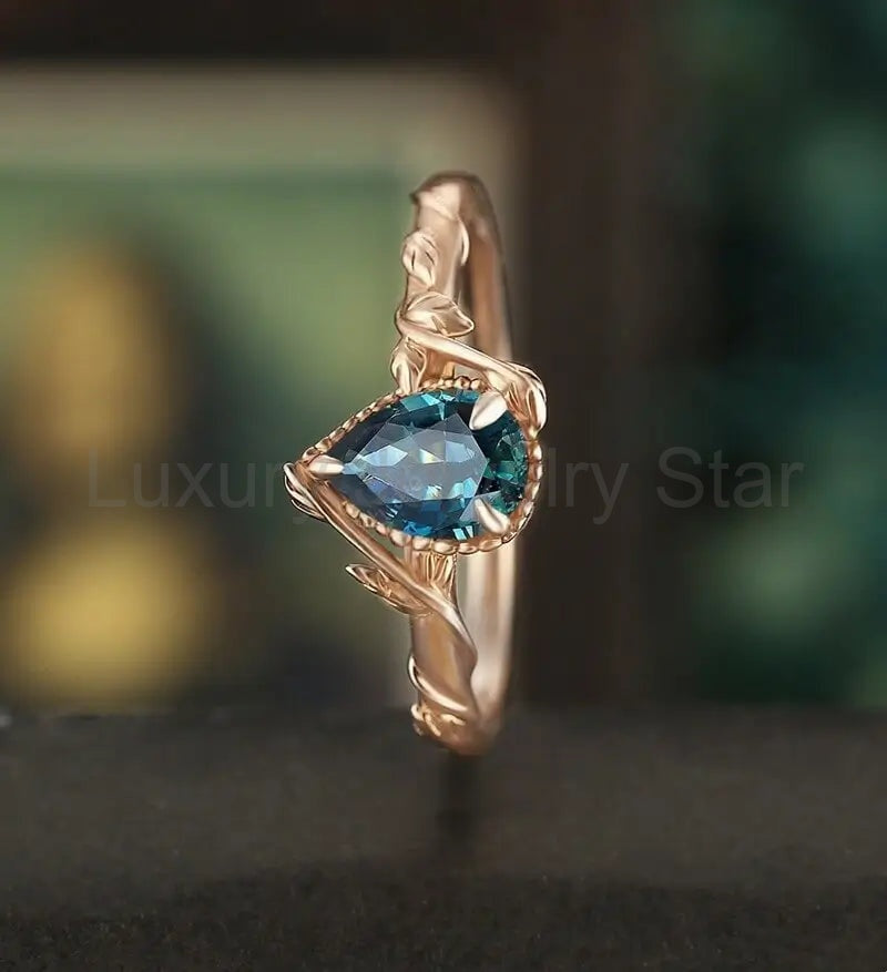 Pear Shaped Teal Sapphire Engagement Ring Solid Gold Moissanite Promise Ring Anniversary - image 4