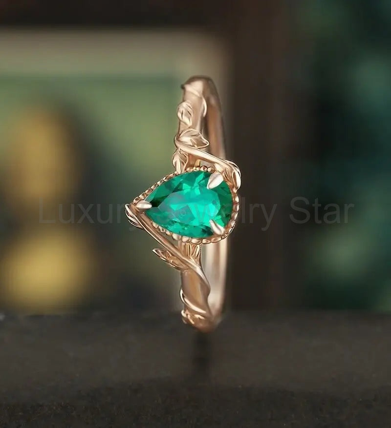 Pear Shaped Lab Emerald Engagement Ring Solid Gold Moissanite Promise Ring Anniversary - image 4