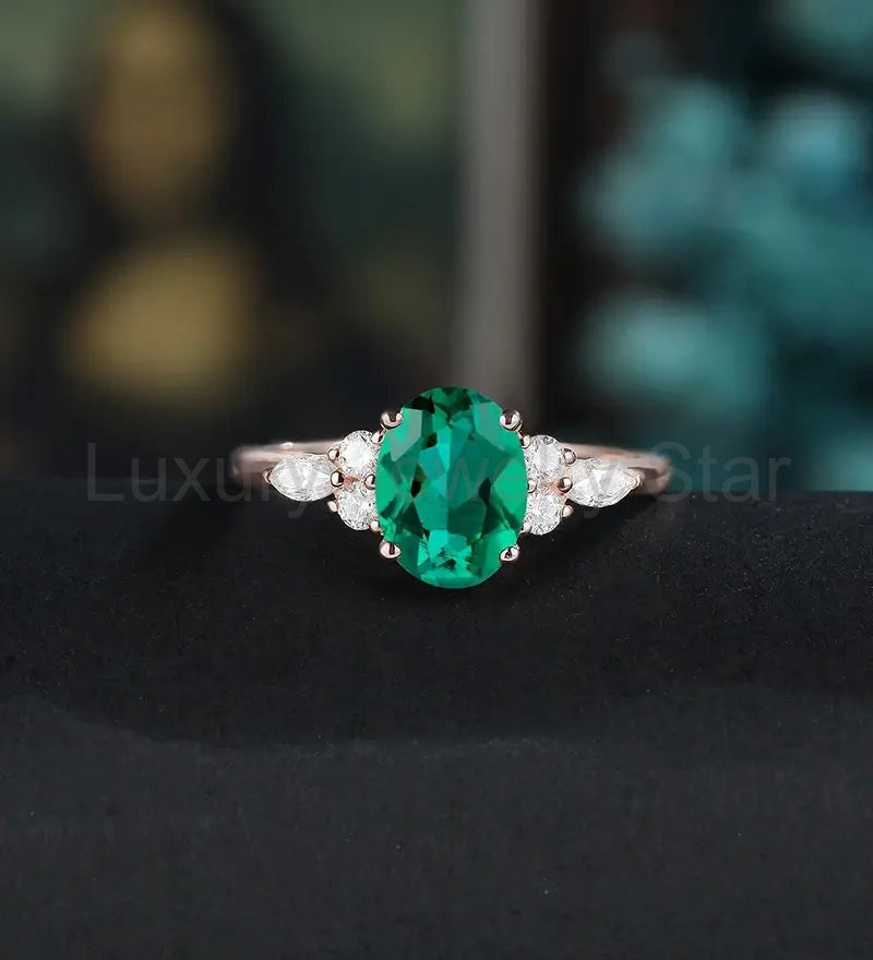 14K/18K Solid Gold Emerald Engagement Ring Oval Lab Emerald Promise Ring Anniversary Moissanite
