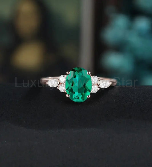 14K/18K Solid Gold Emerald Engagement Ring Oval Lab Emerald Promise Ring Anniversary Moissanite