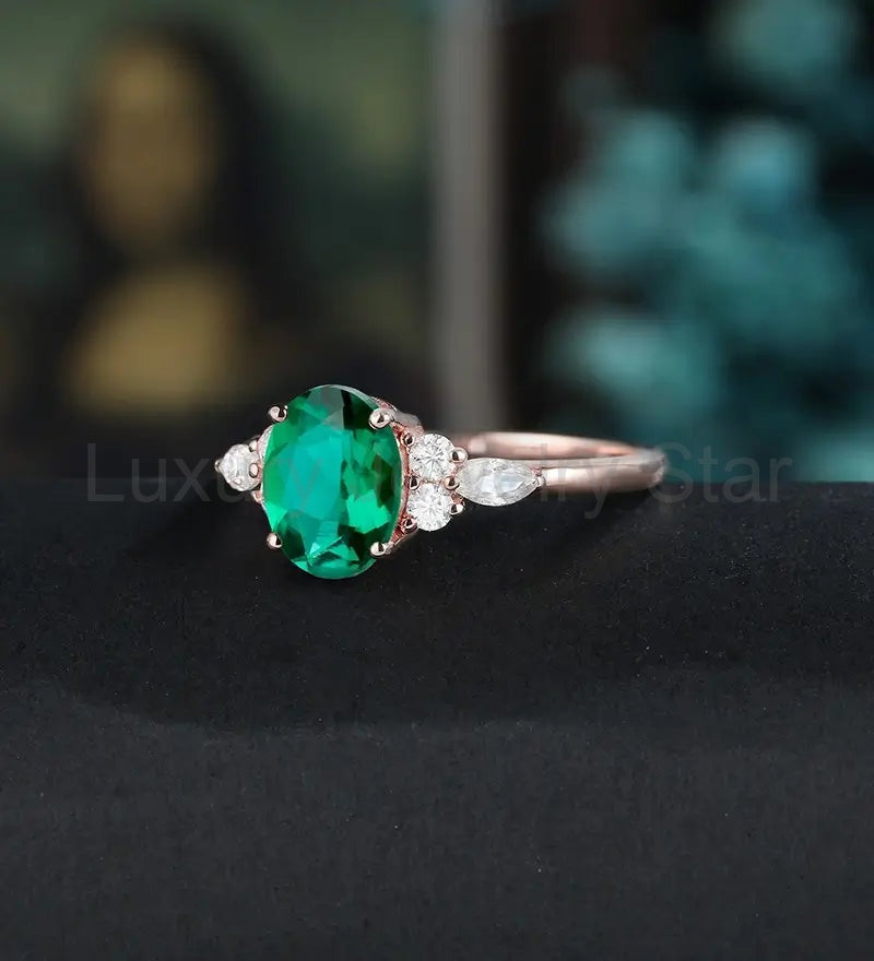 14K/18K Solid Gold Emerald Engagement Ring Oval Lab Emerald Promise Ring Anniversary - image 2