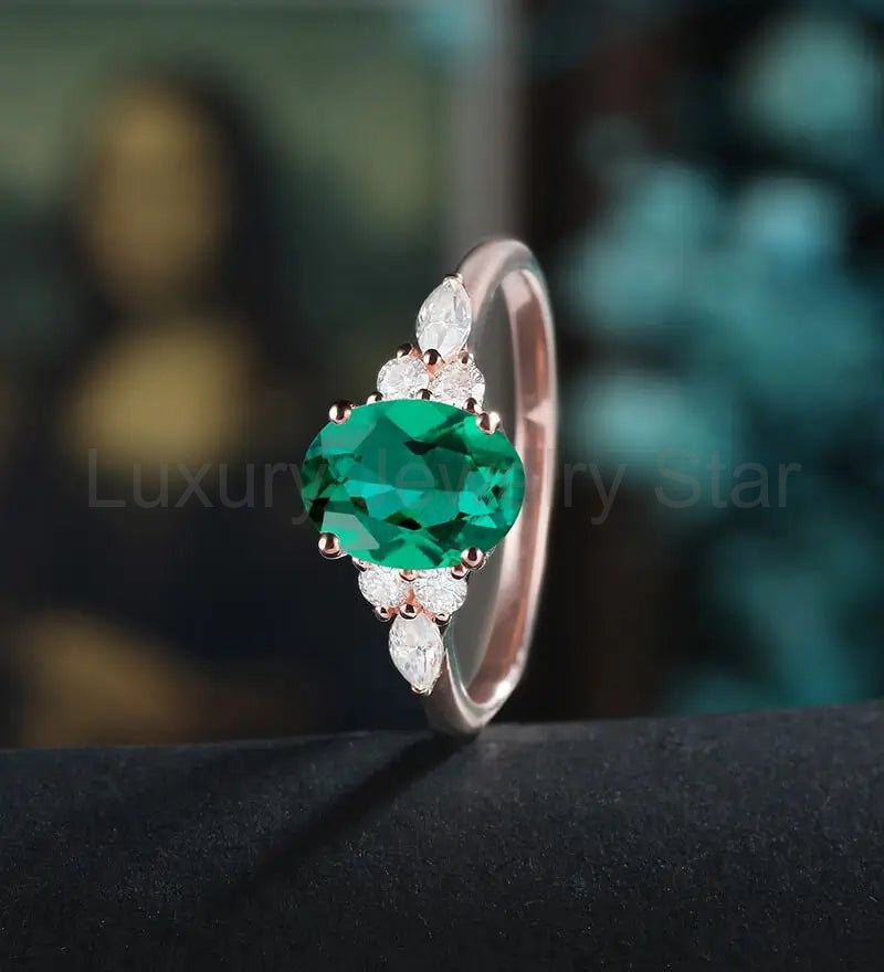 14K/18K Solid Gold Emerald Engagement Ring Oval Lab Emerald Promise Ring Anniversary - image 4