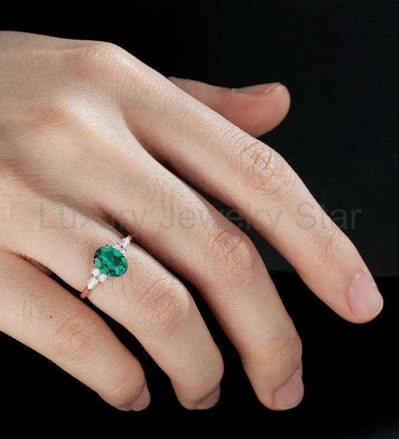 14K/18K Solid Gold Emerald Engagement Ring Oval Lab Emerald Promise Ring Anniversary - image 5
