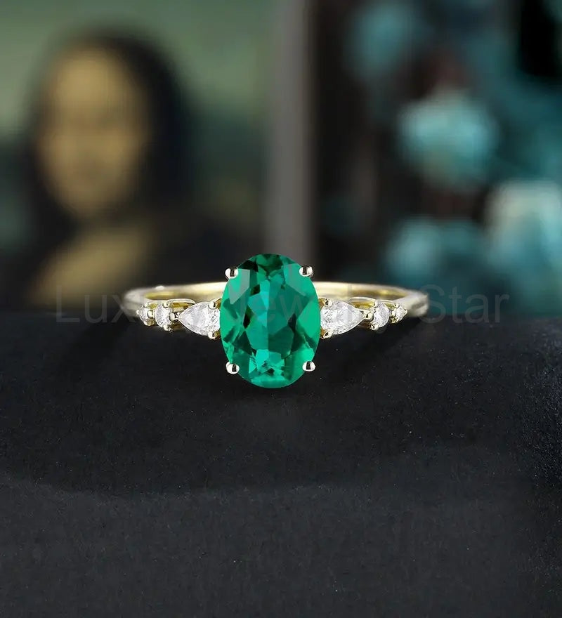 Oval Lab Emerald Engagement Ring Solid Gold Promise Ring Anniversary Diamond Wedding Ring Vintage