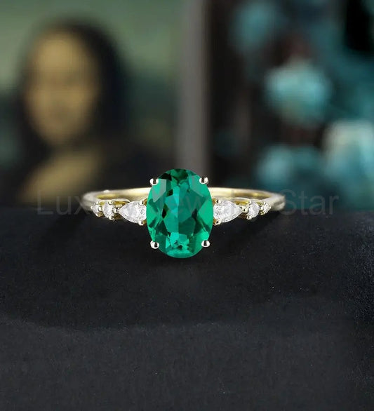 Oval Lab Emerald Engagement Ring Solid Gold Promise Ring Anniversary Diamond Wedding Ring Vintage