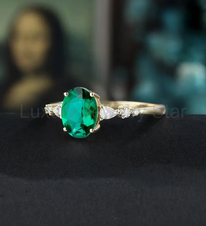 Oval Lab Emerald Engagement Ring Solid Gold Promise Ring Anniversary Diamond Wedding Ring - image 2