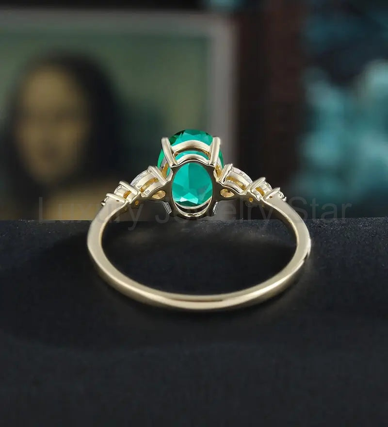 Oval Lab Emerald Engagement Ring Solid Gold Promise Ring Anniversary Diamond Wedding Ring - image 3