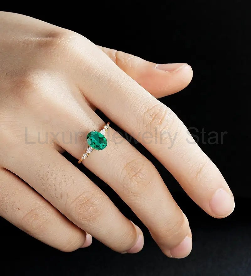 Oval Lab Emerald Engagement Ring Solid Gold Promise Ring Anniversary Diamond Wedding Ring - image 5