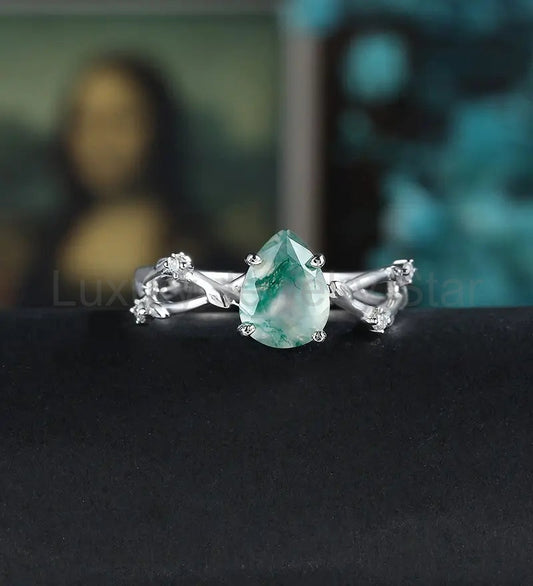 Pear Shaped Moss Agate Engagement Ring Solid Gold Promise Ring Anniversary Diamond Wedding Ring