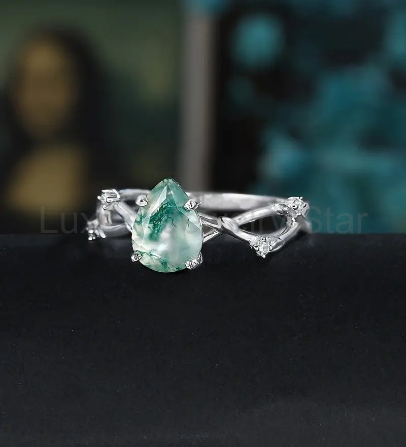 Pear Shaped Moss Agate Engagement Ring Solid Gold Promise Ring Anniversary Diamond Wedding - image 2