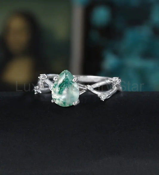 Pear Shaped Moss Agate Engagement Ring Solid Gold Promise Ring Anniversary Diamond Wedding - image 2