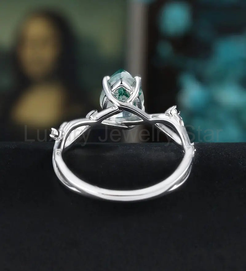 Pear Shaped Moss Agate Engagement Ring Solid Gold Promise Ring Anniversary Diamond Wedding - image 3