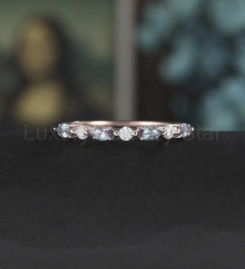 Marquise Alexandrite Wedding Bnad Solid Gold Promise Ring Anniversary Diamond Moissanite Wedding