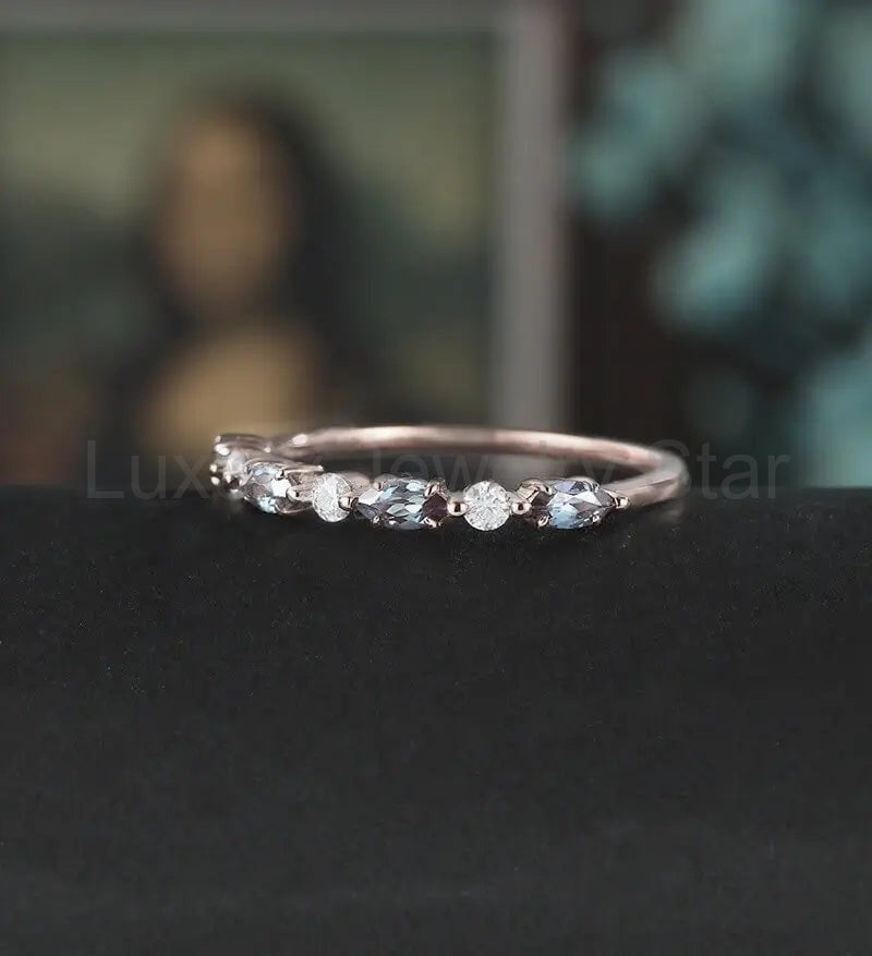 Marquise Alexandrite Wedding Bnad Solid Gold Promise Ring Anniversary Diamond Moissanite - image 2