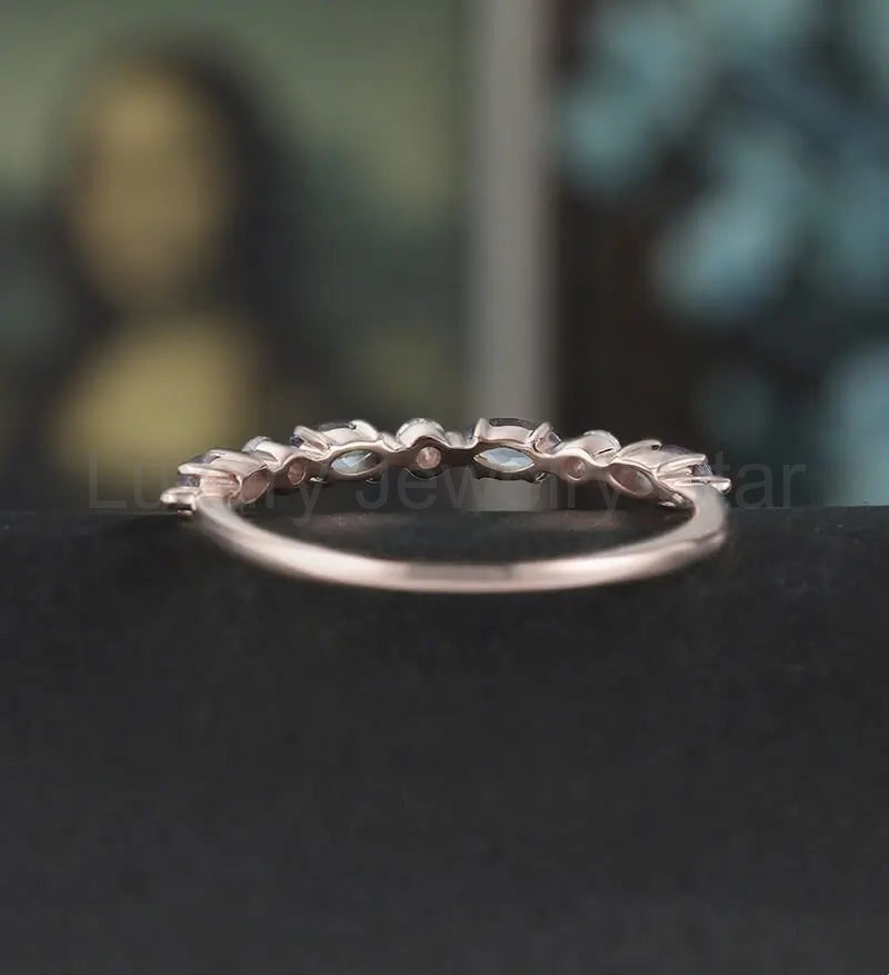 Marquise Alexandrite Wedding Bnad Solid Gold Promise Ring Anniversary Diamond Moissanite - image 3