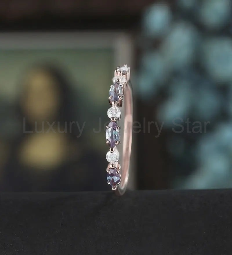 Marquise Alexandrite Wedding Bnad Solid Gold Promise Ring Anniversary Diamond Moissanite - image 4