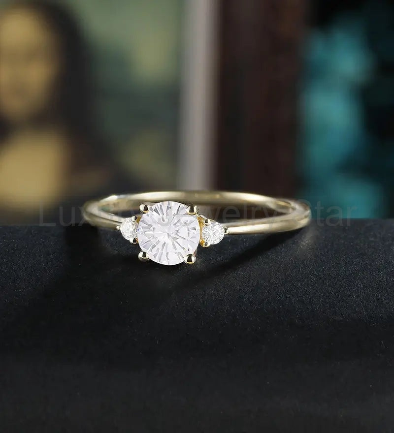 5mm Round Cut Moissanite Engagement Ring Unique Diamond Wedding Ring Vintage Yellow Gold - image 2