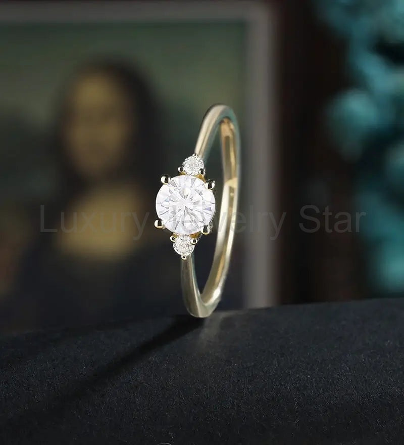 5mm Round Cut Moissanite Engagement Ring Unique Diamond Wedding Ring Vintage Yellow Gold - image 4