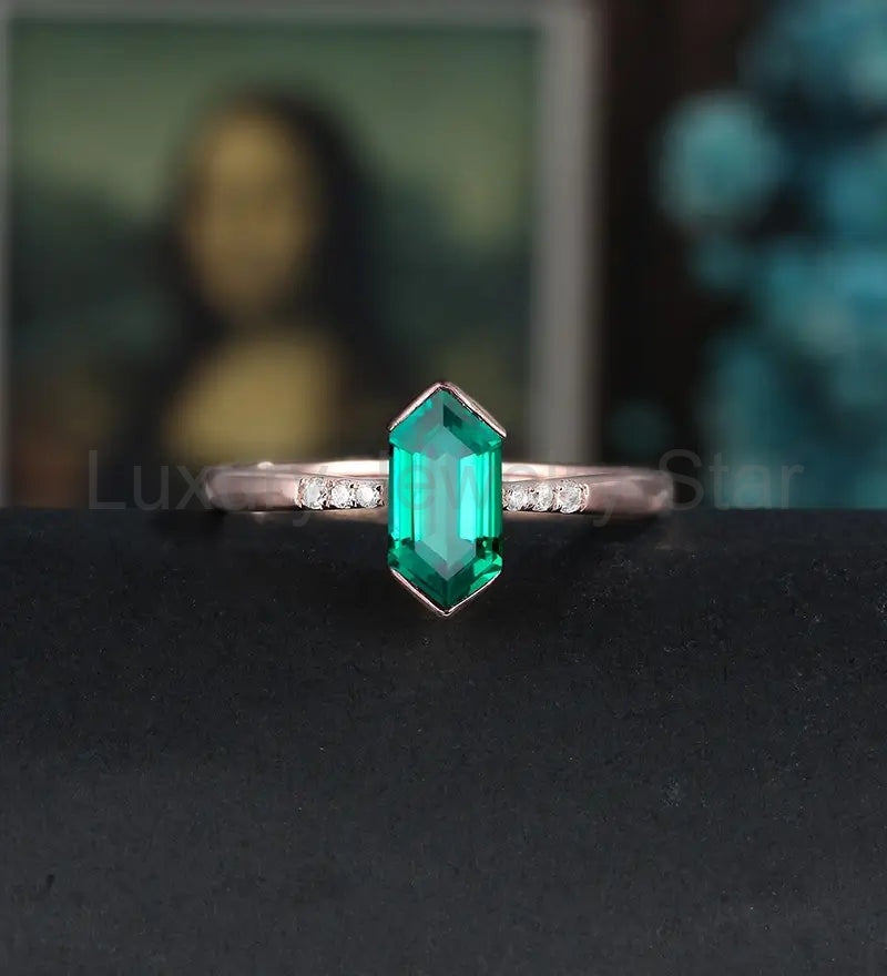 Long Hexagon Cut Lab Emerald Engagement Ring Solid Gold Moissanite Promise Ring Anniversary triangle