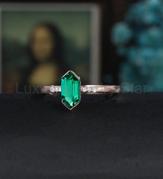 Long Hexagon Cut Lab Emerald Engagement Ring Solid Gold Moissanite Promise Ring - image 2