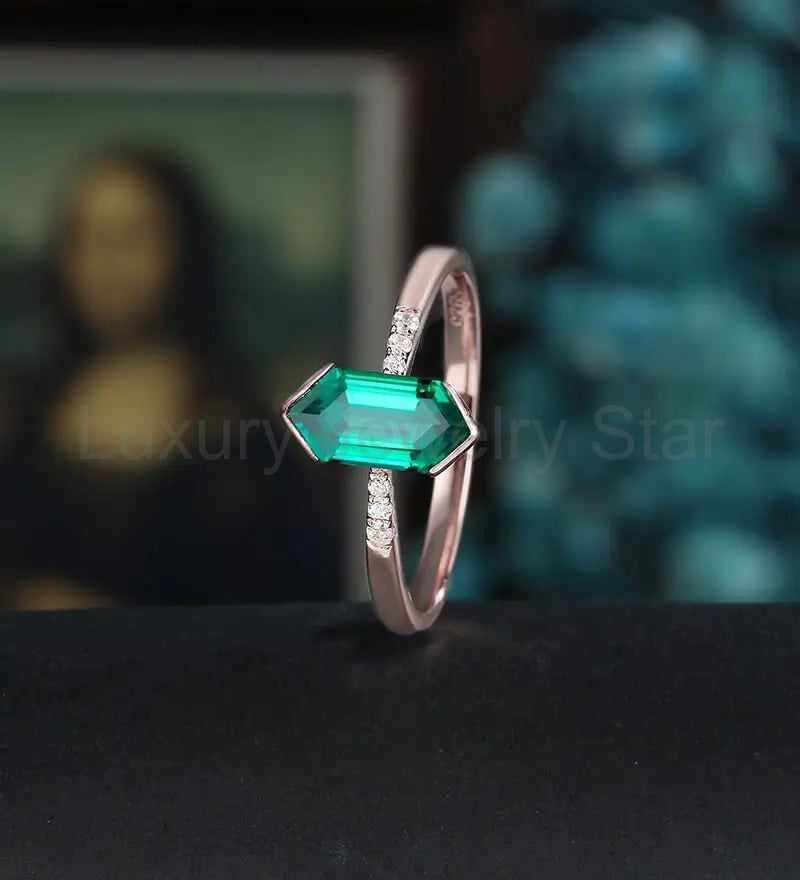 Long Hexagon Cut Lab Emerald Engagement Ring Solid Gold Moissanite Promise Ring - image 4
