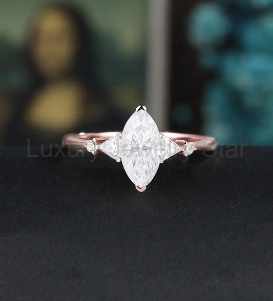Marquise Cut Moissanite Engagement Ring Solid Gold Promise Ring Anniversary triangle Diamond Wedding