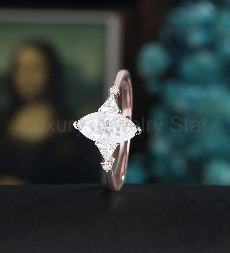 Marquise Cut Moissanite Engagement Ring Solid Gold Promise Ring Anniversary triangle - image 4