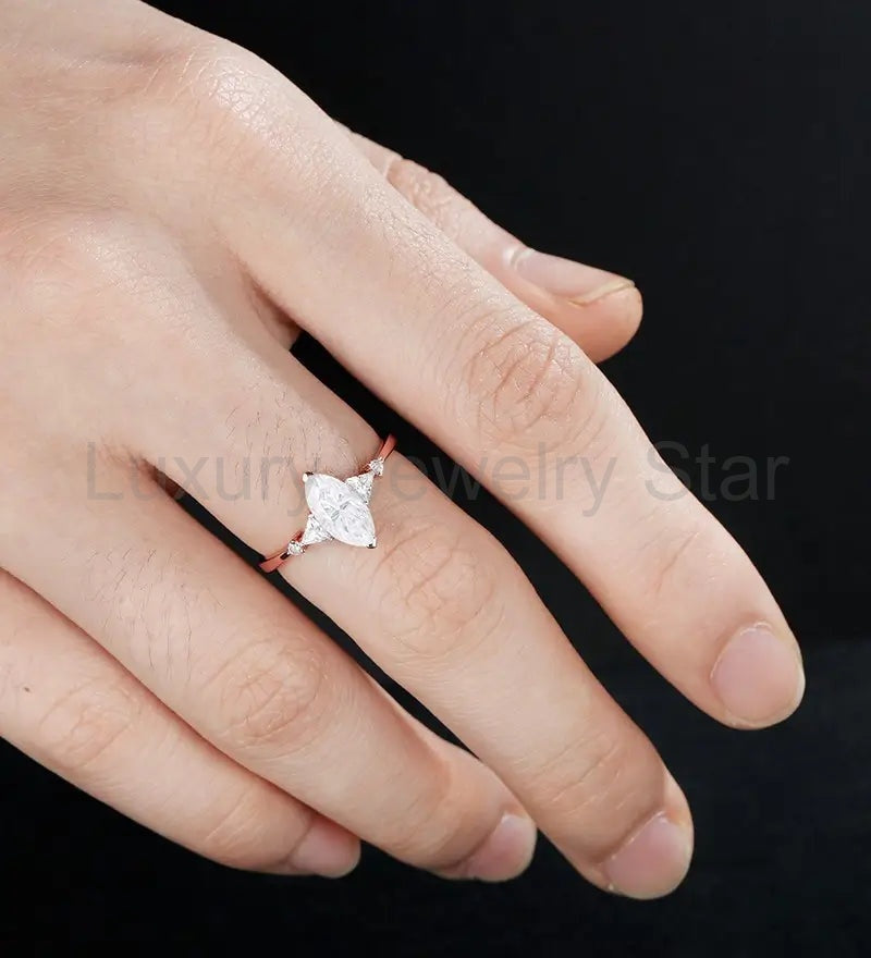 Marquise Cut Moissanite Engagement Ring Solid Gold Promise Ring Anniversary triangle - image 5