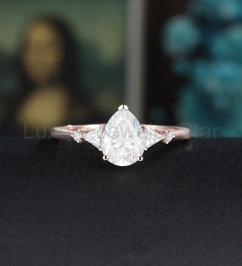 Pear Shaped Moissanite Engagement Ring Solid Gold Promise Ring Anniversary triangle Diamond Wedding