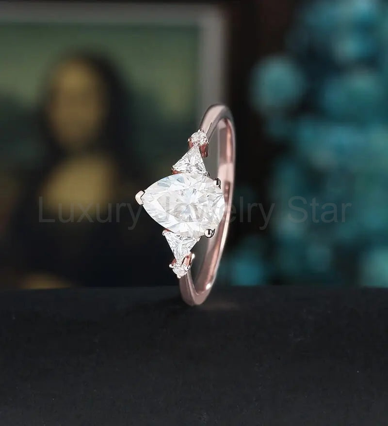 Pear Shaped Moissanite Engagement Ring Solid Gold Promise Ring Anniversary triangle - image 4