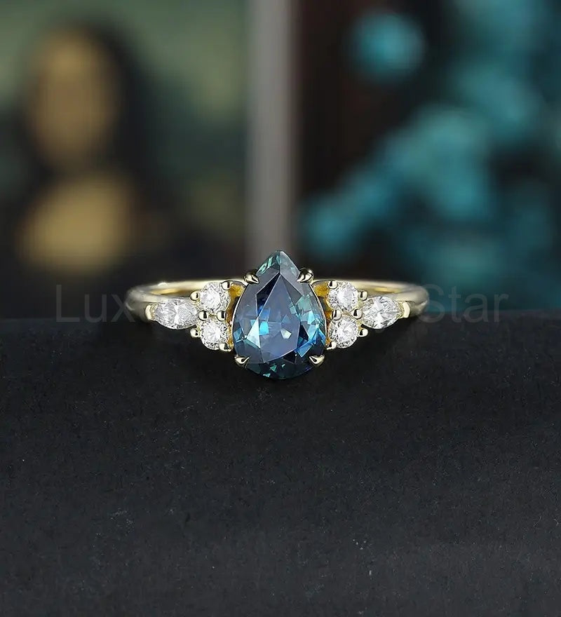 Pear Shaped Teal Sapphire Engagement Ring Yellow Gold Marquise Cut Moissanite Ring Vintage Prong Set