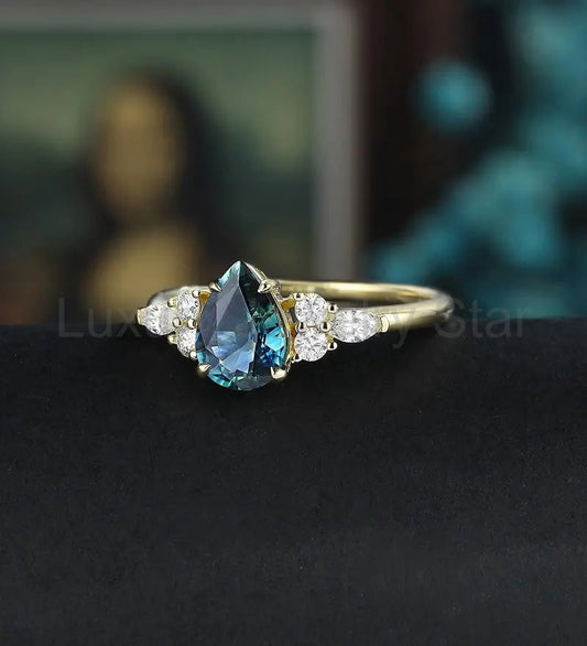 Pear Shaped Teal Sapphire Engagement Ring Yellow Gold Marquise Cut Moissanite Ring Vintage - image 2