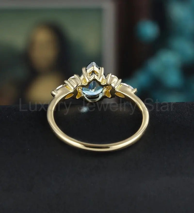 Pear Shaped Teal Sapphire Engagement Ring Yellow Gold Marquise Cut Moissanite Ring Vintage - image 3