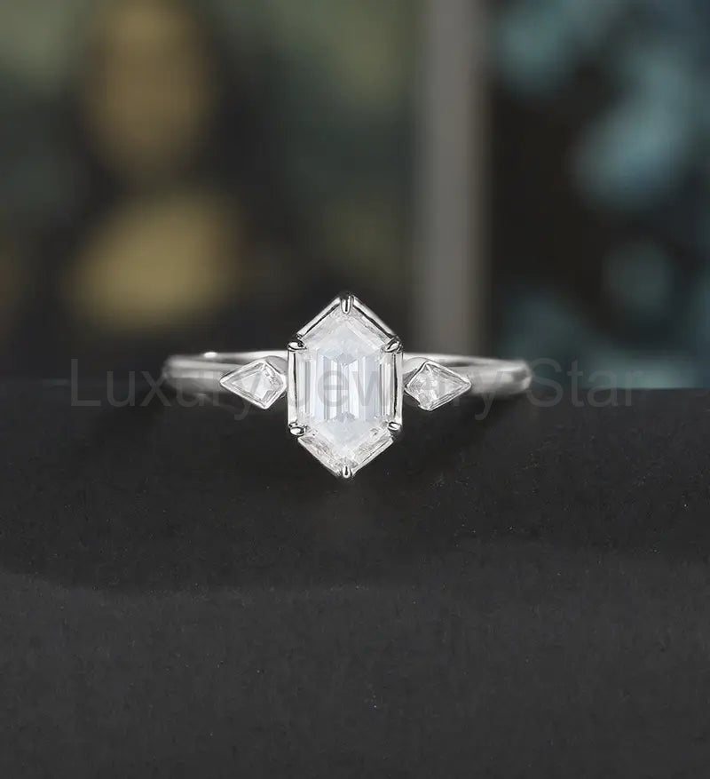 Long Hexagon Cut Engagement Ring Moissanite Solid Gold Promise Ring Anniversary Diamond Wedding Ring