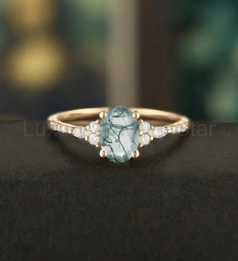 Oval Cut Moss Agate Ring Engagement Ring Rose Gold Marquise Cut Moissanite Anniversary Ring Half