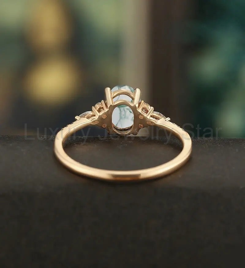 Oval Cut Moss Agate Ring Engagement Ring Rose Gold Marquise Cut Moissanite Anniversary - image 3