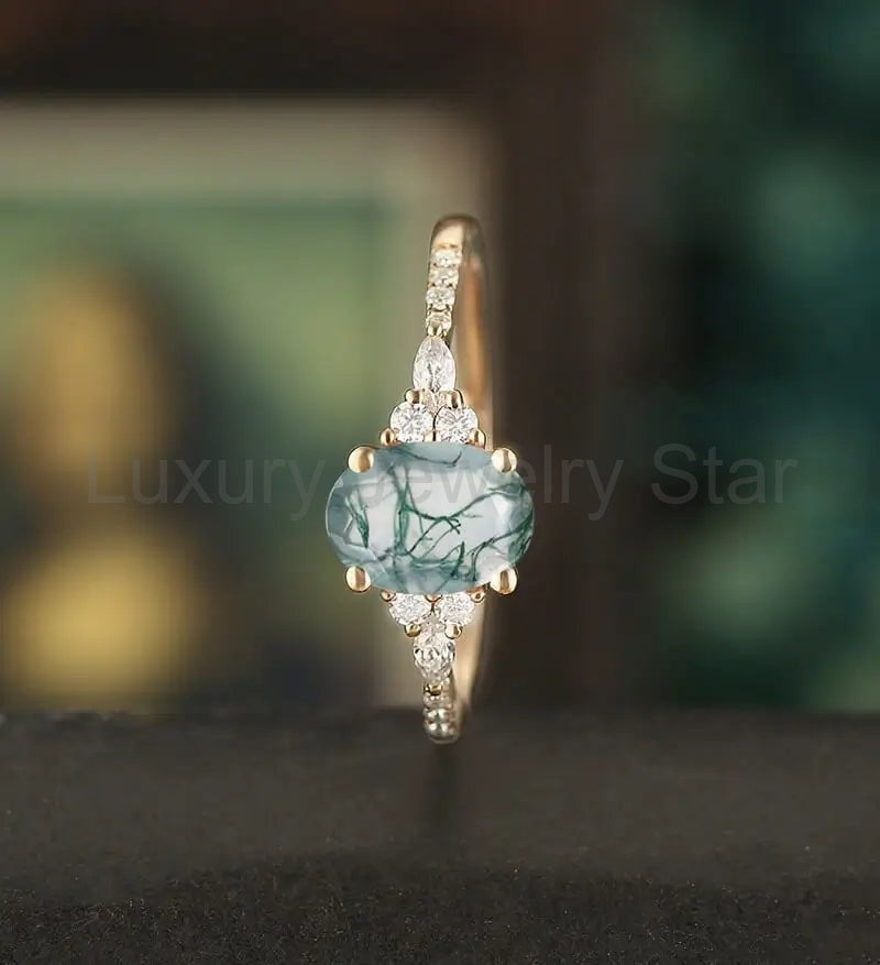 Oval Cut Moss Agate Ring Engagement Ring Rose Gold Marquise Cut Moissanite Anniversary - image 4