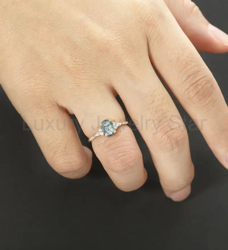 Oval Cut Moss Agate Ring Engagement Ring Rose Gold Marquise Cut Moissanite Anniversary - image 5