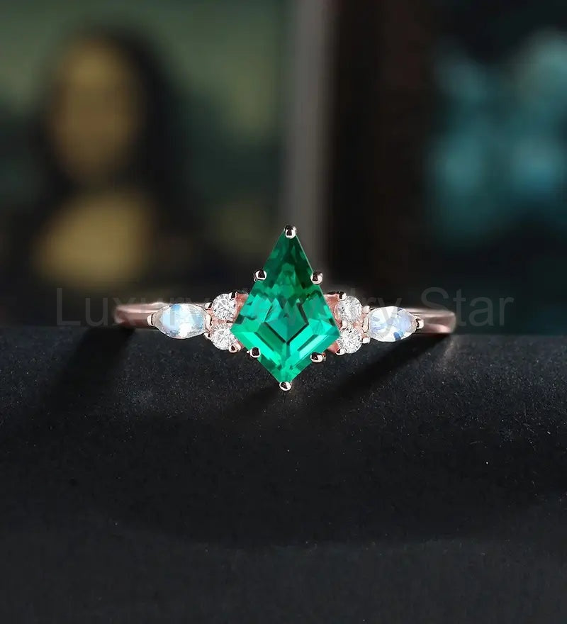 Kite Cut Lab Emerald Engagement Ring Monstone Solid Gold Promise Ring Anniversary Diamond Wedding
