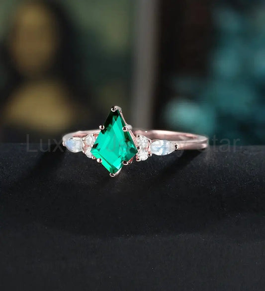 Kite Cut Lab Emerald Engagement Ring Monstone Solid Gold Promise Ring Anniversary Diamond - image 2