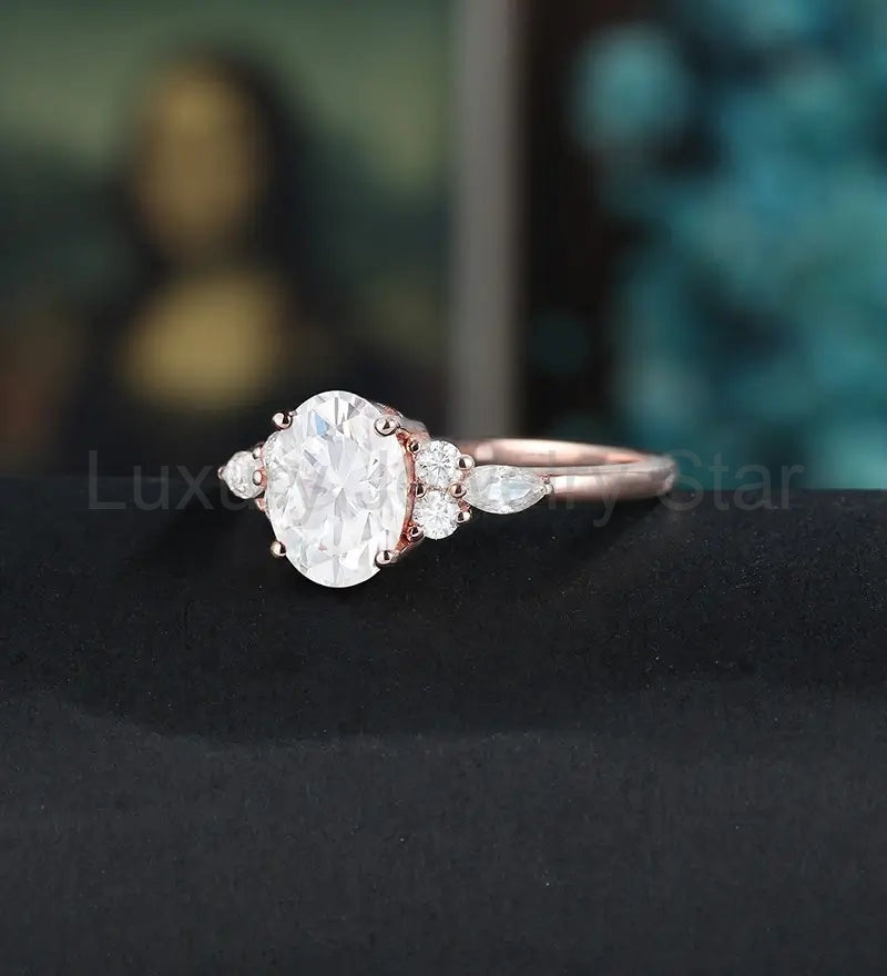 Oval Cut Moissanite Engagement Ring Vintage Solid Gold Promise Ring Anniversary Marquise - image 2