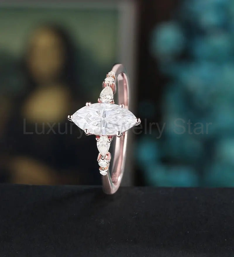 Marquise Cut Moissanite Engagement Ring Anniversary Solid Gold Ring Diamond Wedding Ring - image 4