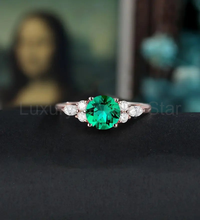 6.5MM Round Lab Emeral Engagement Ring Anniversary Solid Gold Ring Diamond Wedding Ring 18k/14k/10k
