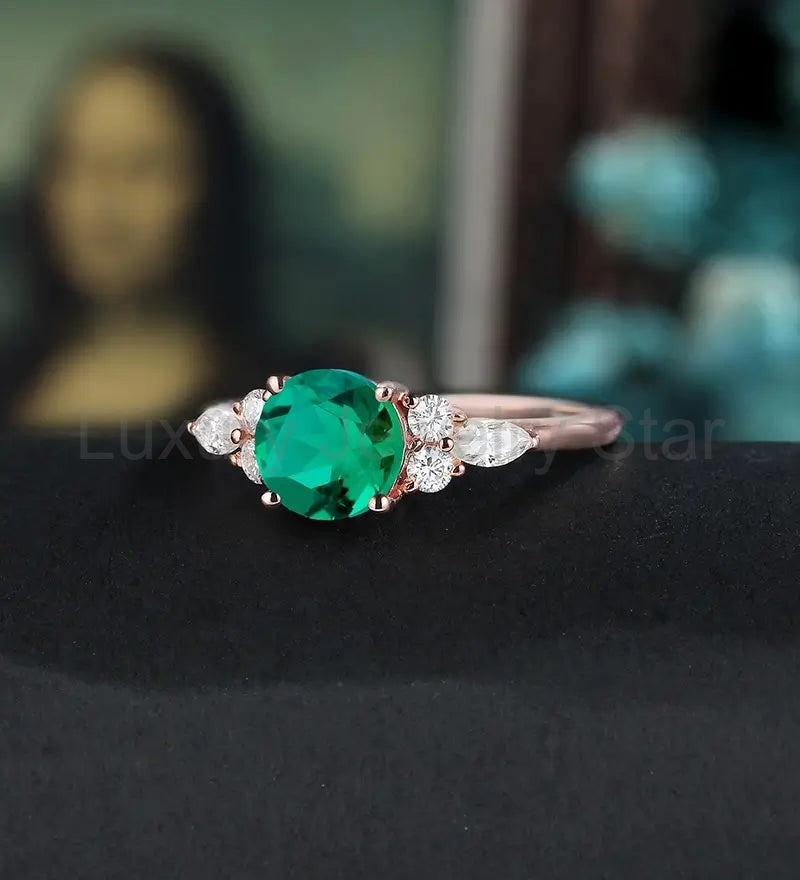 6.5MM Round Lab Emeral Engagement Ring Anniversary Solid Gold Ring Diamond Wedding Ring - image 2