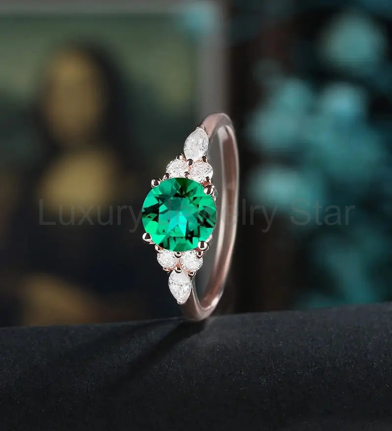 6.5MM Round Lab Emeral Engagement Ring Anniversary Solid Gold Ring Diamond Wedding Ring - image 4