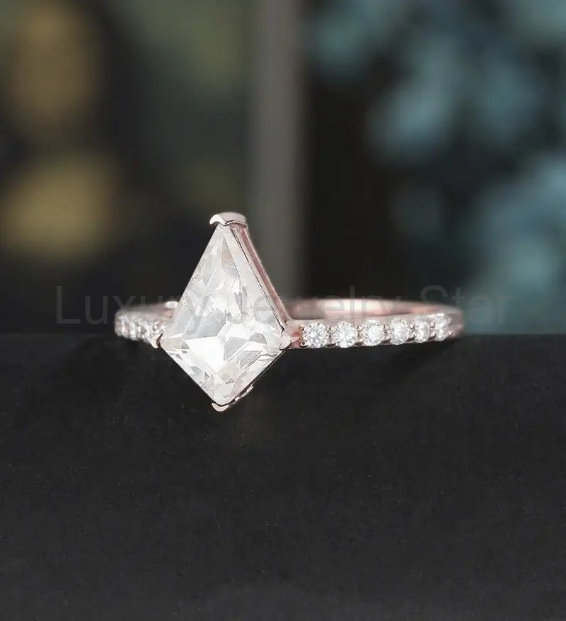Kite Cut Moissanite Engagement Ring 10K/14K/18K Solid Gold Diamond Wedding Ring ROSE WHITE - image 2
