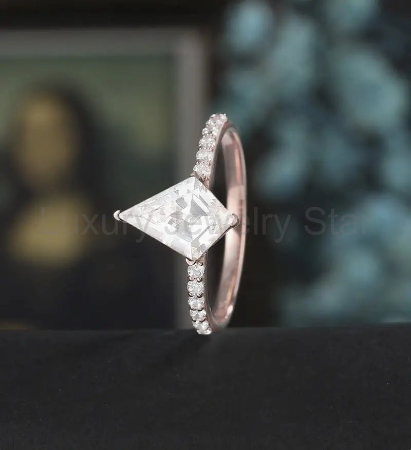 Kite Cut Moissanite Engagement Ring 10K/14K/18K Solid Gold Diamond Wedding Ring ROSE WHITE - image 4