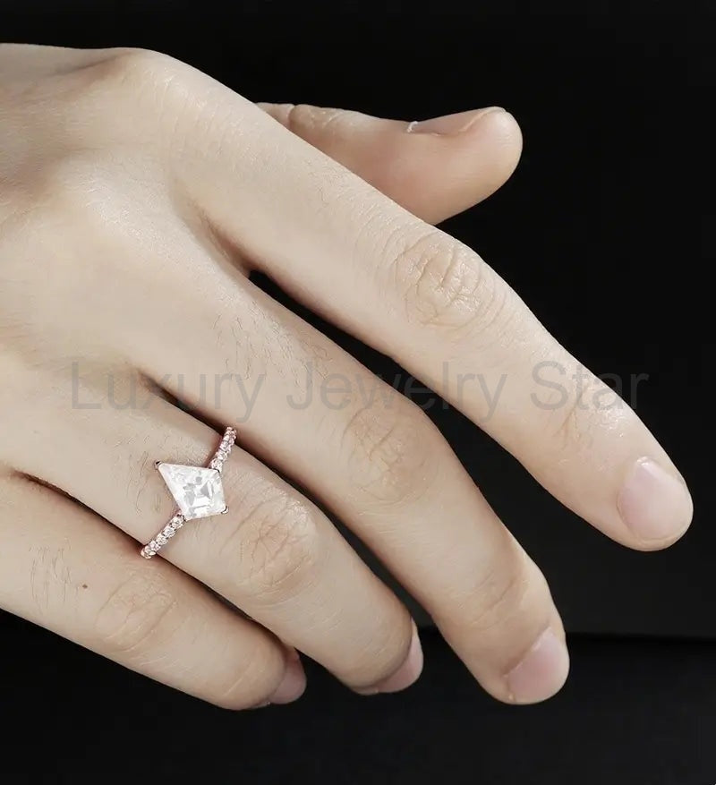 Kite Cut Moissanite Engagement Ring 10K/14K/18K Solid Gold Diamond Wedding Ring ROSE WHITE - image 5