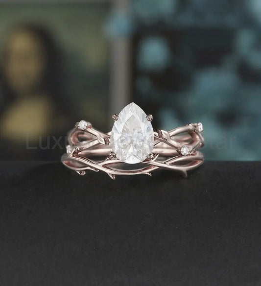 Pear shaped Moissanite Engagement Ring Solid Gold Nature Inspired Diamond Wedding Ring ROSE WHITE